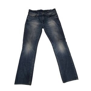 True Religion Men's Straight Leg Jeans Size 33 Blue Distressed Hem Horseshoe...